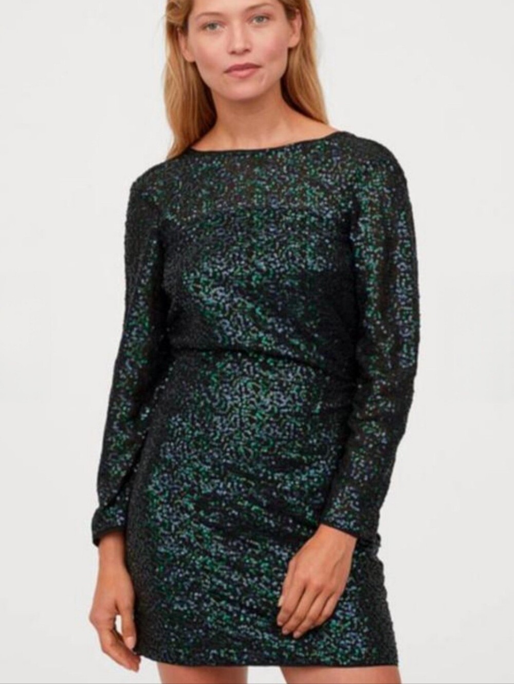 NWT H&M Sequin Mini Dress Dark Blue & Green V Back Long Sleeve Evening Glam 10